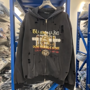 Sudadera con capucha para hombre de alta calidad, negra, con efecto roturado, con cremallera, estilo lavado ácido, de moda, Grailz Project G/R - Product Image 1