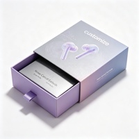 Boîte coulissante pour écouteurs avec logo personnalisé, impression dégradée violet lavande, motif circuit ondes sonores, emballage à ruban tiroir