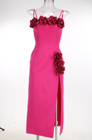 Robe fourreau mi-longue fendue taille haute à col licou et bretelles roses en 3D CA2059 pour soirée mondaine et occasions formelles