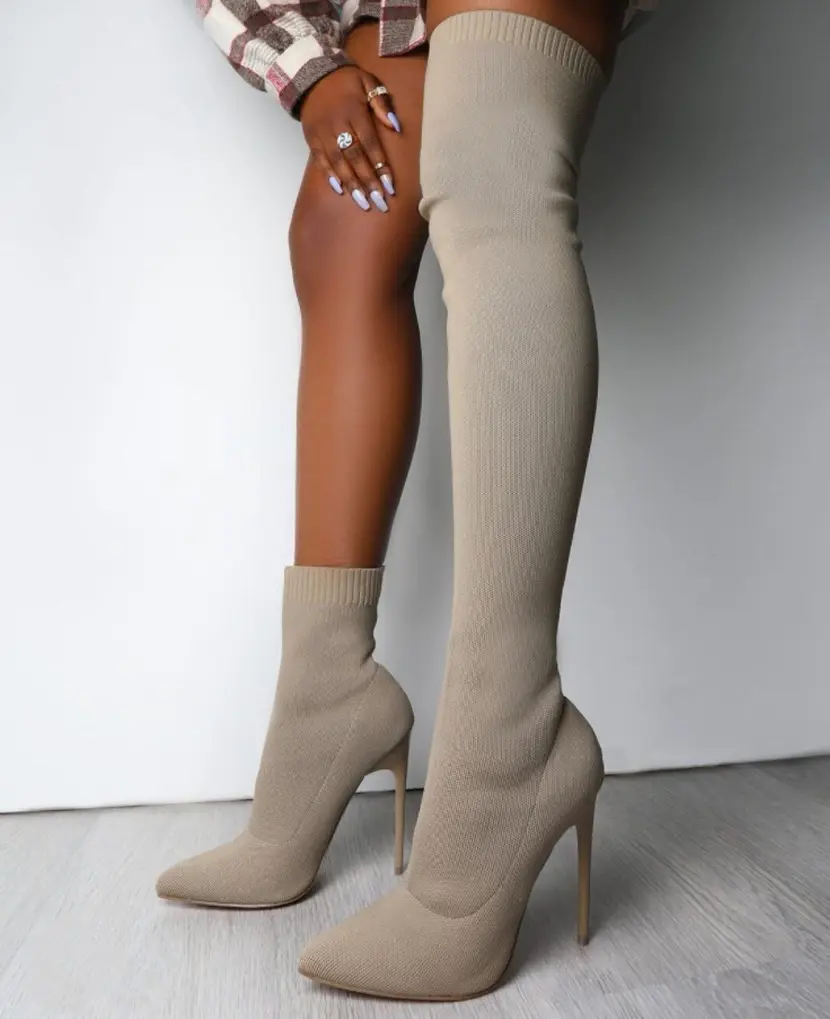 2021 New Boots Knee Large Women's Pointed Toe Thigh High Boots Microfiber Leather High Stiletto Heels Over Knee High Boots