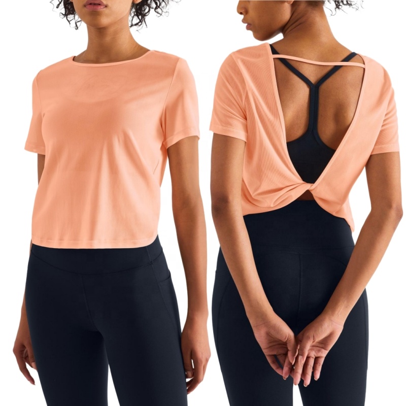 Aoyema Yoga Fitness T-Shirt Slim Fit Loose Comfortable Round Neck Open Back Mesh Gym Short Sleeve Sports Top