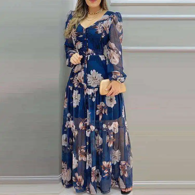 2022 nuovo arrivo moda Chiffon abito floreale Casual scollo a V stampa Maxi abiti donna elegante abito lungo