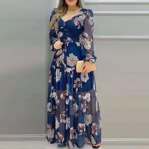 2022 New Arrival Fashion Chiffon Floral Dress Casual V Neck Mesh Print Maxi Dresses Women Elegant Long Dress