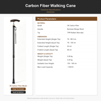 Canne de marche en fibre de carbone 3K pour seniors, poignée en bois de wengé, hauteur réglable 110-140 cm, embout antidérapant, légère, randonnée en plein air