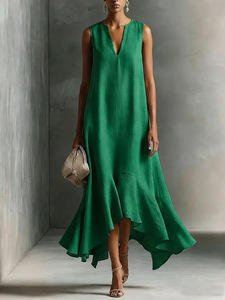 Nouvelle robe midi pour femmes, robe sans manches à col en V avec ourlet asymétrique à volants, robe élégante et fluide pour le bureau et les occasions formelles - Product Image 5