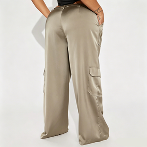 <strong>Plus</strong> <strong>Size</strong> Satin Cargo Wide Leg <strong>Pants</strong> Women High Waist Glossy <strong>Parachute</strong> Trousers Loose Casual Wholesale Custom Private Label - Product Image 3