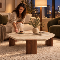 Table basse carrée arrondie avec plateau en pierre et pieds en bois pour salon, appartement, hôtel, décoration intérieure