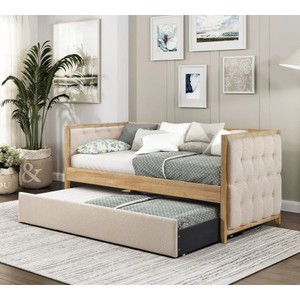 1pc Three Seat Daybed with Trundle Beige Chenille Upholstery Wooden <b>Frame</b> Modern Hotel Villa Furniture Sofa Bed - Product Image 1