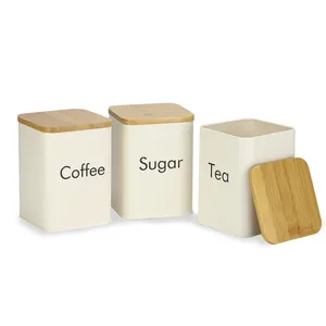 Tè di Zucchero Caffè Canister Set con Bambù/Coperchio In Legno Quadrato Bianco Da Cucina contenitori Di Stoccaggio set di 3-piece contenitori