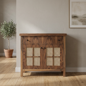 Modern Solid Oak Wood <b>Sideboard</b> with Rattan Doors Cabinet Drawers & Storage Console for Living/Dining Room Entryway - Product Image 2