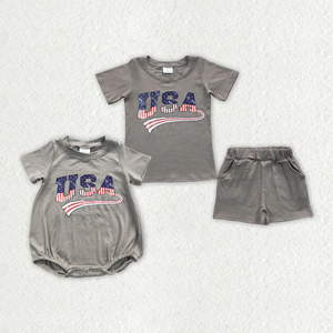 ชุดเด็กทารกชายวันที่ 4 กรกฎาคม เสื้อยืดแขนสั้นพิมพ์ลาย USA + กางเกงขาสั้นสีพื้น ชุดรอมเปอร์เด็กผู้ชาย เสื้อผ้าวันประกาศอิสรภาพ - Product Image 1