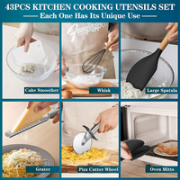 Ensemble d'ustensiles de cuisine en silicone avec manche en acier inoxydable, résistant à la chaleur, noir, 43 pièces, avec support, ODM