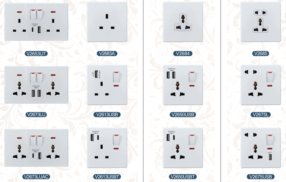 VNX White UK 13A Light Button Switch Fast Charging Power Wall Switch Socket 220V Electrical Outlet Wall Switch