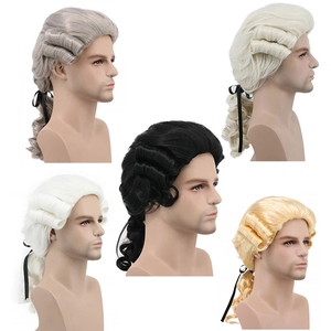 Perruque de costume baroque bouclée grise, blanche et noire pour homme, <span class=keywords><strong>avocat</strong></span>, juge - Perruque synthétique longue de luxe pour <span class=keywords><strong>adulte</strong></span>, Halloween, cosplay - Product Image 2
