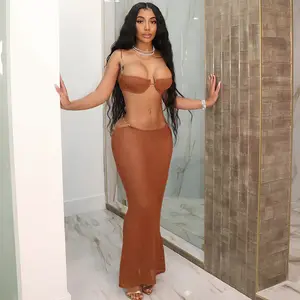 Peeqi K24S44749 sexy 2024 new see through bra and skirt 2 piece bikini set solid bodycon hollow out tether sexy women's set