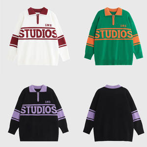 Suéter a rayas de punto Jacquard personalizado, Jersey de punto de gran tamaño para hombre, cuello Polo para hombre, suéter de lana y Cachemira - Product Image 4