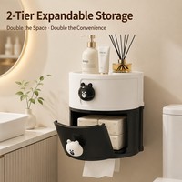 Boîte à mouchoirs murale sans perçage, 2 niveaux, en ABS, organisateur de salle de bain avec compartiment caché, support de téléphone, bouton ours