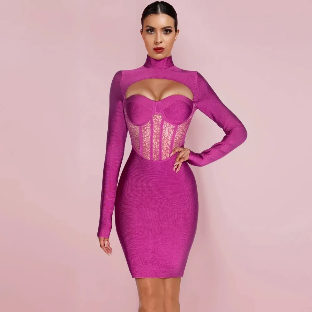 Rose Long Sleeve Cutout Transparent Midi Bodycon Ropa Para Dama Vestidos De Baile Ropa Ballroom Dresses Bandages Sexy Dress