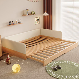 Letto per Bambini Estraibile Tatami, Letto per Bambini in Legno Resistente con Sponde di Protezione, Stile Minimalista, Set Letto per Bambini Estensibile in Pelle - Product Image 2