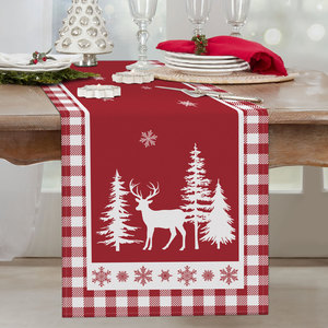 Runner da Tavola <span class=keywords><strong>Vintage</strong></span> Natalizio a Quadri Rossi e Bianchi con Motivo di Pini e Renne, Lavabile per Decorazione <span class=keywords><strong>Cucina</strong></span> e Sala da Pranzo - Product Image 2