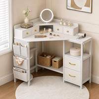 Ensemble de coiffeuse d'angle durable avec éclairage, miroir sur pied, rangement et tabouret – Table de maquillage compacte pour appartements et petites chambres