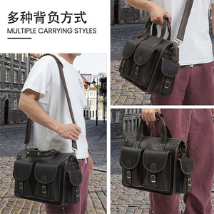Dujiang Men's Genuine Leather <b>Briefcase</b> Crazy Horse Brown Business Travel Laptop Bag Solid Color Crossbody Shoulder Bag - Product Image 2