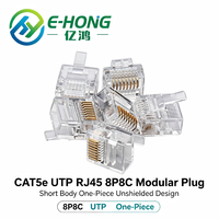 Connecteur RJ45 8P8C CAT5e UTP à corps court, fiche cristalline en bronze phosphoreux avec contacts plaqués or, transparent, non blindé, pour armoire étroite