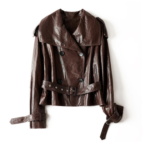 Autumn and Winter New Sheepskin Double Breasted Lace up Short Elegant Jacket for Women