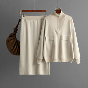 Set Donna Primavera 2025 Nuova <span class=keywords><strong>Moda</strong></span> con Camicia Lavorata a Maglia con Colletto e Zip e Gonna a Metà Lunghezza - Product Image 6