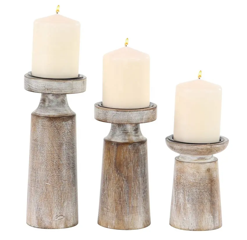 Rustic Wood High Quality Home Decor Pillar Candle Holder Set of 3 pcs