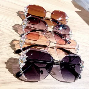 Luxury Brand Design Vintage Rimless Rhinestone Sunglasses 