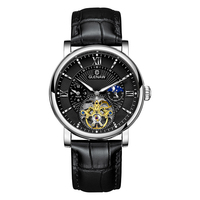 44mm Römische Ziffern Skelett Mondphase Automatische Mechanische Uhr Herren Lederarmband Leuchtend 3ATM Wasserdicht Business Armbanduhr