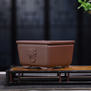 <span class=keywords><strong>Pot</strong></span> de sol carré antique de luxe en Zisha avec relief de têtes d'animaux sur les quatre côtés, jardinière en argile violette pour bambou, érable et plantes succulentes - Product Image 2