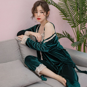 Conjunto de tres piezas de pijama de encaje para mujer, <span class=keywords><strong>moda</strong></span> de otoño e invierno, edición coreana, terciopelo dorado, traje de vestir para el hogar - Product Image 4