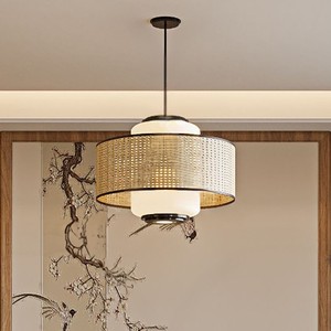 โคมไฟแขวนหวายสไตล์เรโทรทรงกลม E27 LED ผ้าสีดำยืดหยุ่นได้ สำหรับร้านอาหารญี่ปุ่นและเกสต์เฮาส์สไตล์จีน - Product Image 1