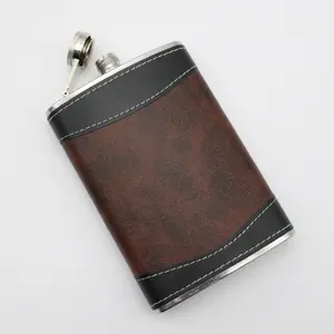 8oz Portable Leather Wrapped Stainless Steel Hip Flask Brown Flask For Liquor And Free Funnel