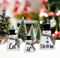 Centre de table en bois en 3 parties en forme de bonhomme de neige - Décoration de table sur le thème de l'hiver/Art déco, blanc et noir, pour les mariages, les fêtes de Noël