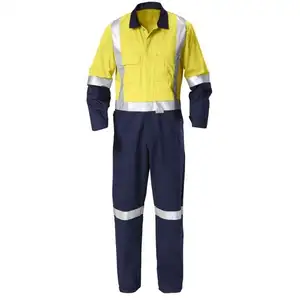 100% Cotton Custom Logo Orange Navy Two Tone Reflective Safety High Visibility Overall Uniforms Workwear Hi Vis Work Coverall