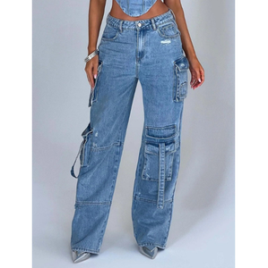 <span class=keywords><strong>Pantaloni</strong></span> da Lavoro in Denim a Gamba Dritta con Tasche Multiple per Ragazze, <span class=keywords><strong>Pantaloni</strong></span> Casual Versatili e Comodi in Stile Ins per Donne - Product Image 3