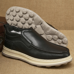 Mocassins d'hiver en cuir véritable pour hommes, doublure en fausse fourrure, semelle extérieure en caoutchouc rembourrée, bout rond, chaussures confortables - Product Image 1