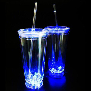 Wholesale 16oz LED Reusable Plastic Cup Double Wall Cup With Lid And Straw
