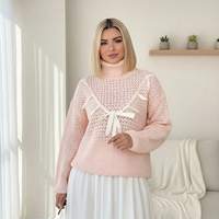 Pull tendance en dentelle à nœud papillon anti-rides rose automne pour rendez-vous romantique, fête d'anniversaire, pull à col roulé en tricot doux