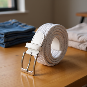Cinturón de cuero elástico trenzado blanco Angelina de 3,5 cm, tallas 105/110/120, ropa informal para hombres y mujeres - Product Image 4