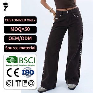 Pantalon en jean décontracté pour femme, taille haute, coupe large, avec clous décoratifs, coupe ample, longueur intégrale, personnalisable OEM ODM - Product Image 1