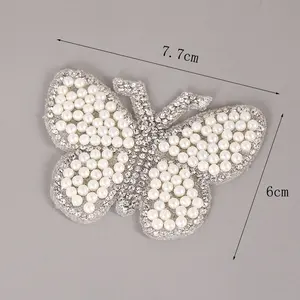 Shenglan White Embroidered Butterfly Applique with Faux Pearls Rhinestone Cloth Patch for T-shirt Clothing Designer Small Patch