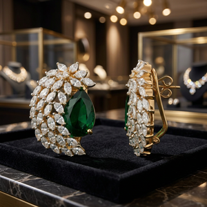 Pendientes de Aro de Oro Sólido de 18K de Lujo con Piedra Verde Corte Esmeralda y Diseño de Flor con Diamantes Marquise para Mujer, Joyería de Fiesta - Product Image 3
