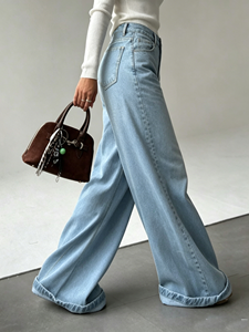 <span class=keywords><strong>Jean</strong></span> pour <span class=keywords><strong>femme</strong></span> délavé clair, taille haute, coupe large, ample, avec ourlet retroussé, style vintage décontracté, longueur pleine, évasé - Product Image 5