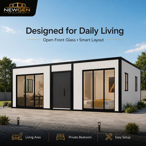 บ้านสำเร็จรูปแผงแซนวิชทันสมัย NEWGEN DEVELOPMENT ดีไซน์มินิมอล หน้าต่างกระจกเปิดโล่ง ติดตั้งง่าย ใช้เป็นโฮมออฟฟิศได้ - Product Image 1