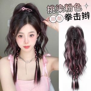 Peluca de cola de caballo con trenzas Boxer y reflejos, rizos en cascada, clip de pelo realista y esponjoso para mujer, material de alambre resistente a altas temperaturas - Product Image 4