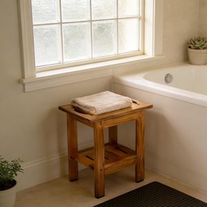Tabouret de douche en teck sur mesure 35x25.5x37.5cm avec double rangement, équipement de sécurité pour salle de bain avec poignée - Product Image 2